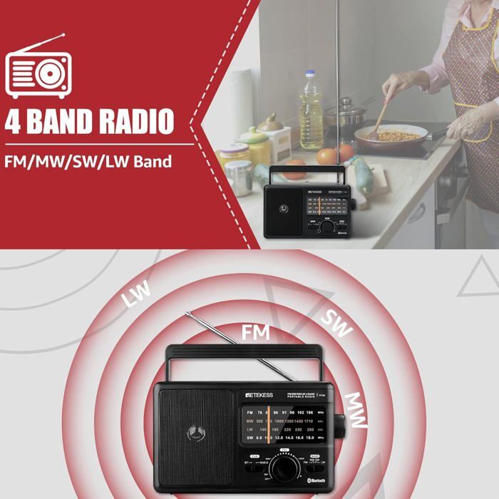 Poste Radio Vintage, PRUNUS J-150 AM/FM/SW Radio Portable Rechargeable Avec Batterie 1200mAh Et Piles D, Transistor Radio Bluetooth Avec Panneau Solaire, Compatible USB/TF