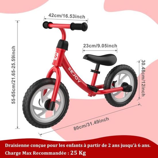 SEJOY Draisienne Enfant Velo Sans Pedales Pour Enfants de 2 a 6 Ans Selle Hauteur Reglable Structure en Acier