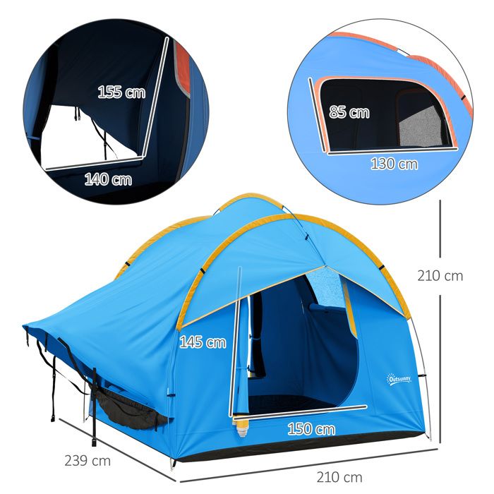 Tente De Camping Outsunny 4-6 Personnes – Tunnel Spacieux Avec Porche, 2 Chambres, Imperméable 5000 Mm, Montage Facile