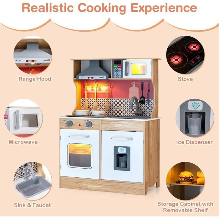 Cuisine Enfant En Bois Avec 18 Accessoires & Sonore, Jeu De Cuisine Bois Enfant Avec Machine A Glacons Jouet Imitation Pour 3 6 Ans Rose 98169105
