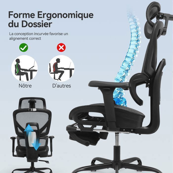Fauteuil De Bureau Ergonomique BASETBL 200 Kg – Accoudoirs 3D, Dossier Inclinable, Appui-tête Réglable