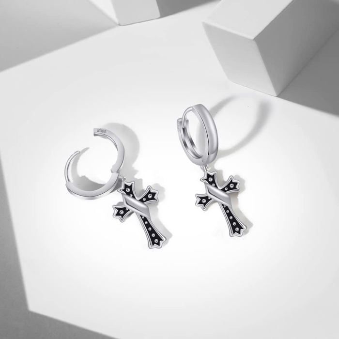 Boucles D'Oreilles Créoles Vintage En Acier Inoxydable Avec Pendentif Croix - Pour Femme Et Homme