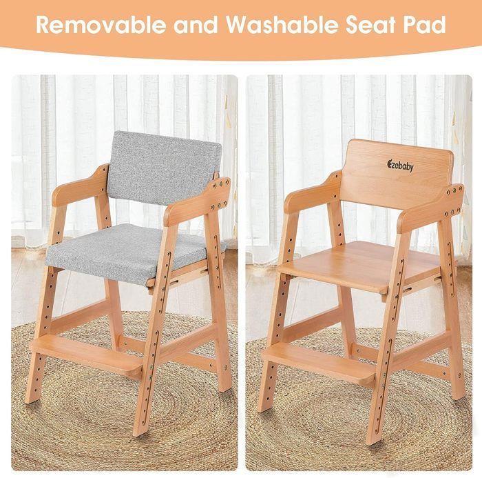 Chaise Haute Bébé En Bois Réglable 90KG - Chaise Support Bébé Et Adulte Avec Coussin
