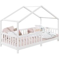 Lit cabane LISAN lit simple en bois montessori pour enfant 90 x 200 cm, en pin massif lasuré blanc