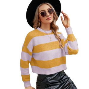PULL Pull Femme À Rayure Bicolore Col Rond Court Manches Longues - Jaune Violet