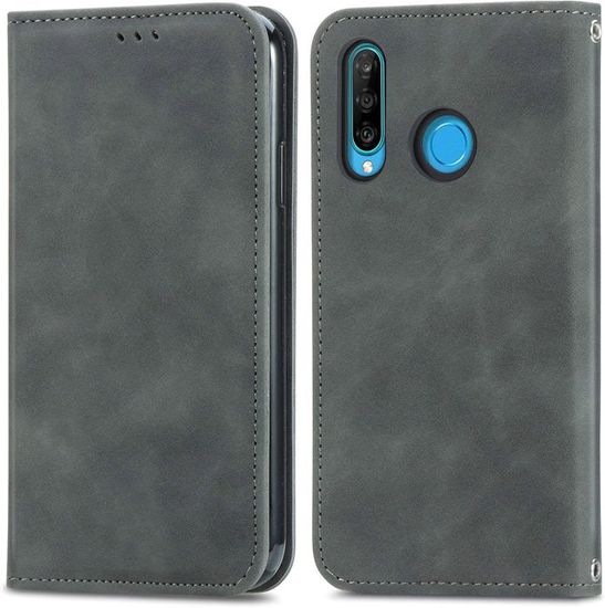 Housse étui Portefeuille Pour Huawei P30 Lite - Cuir PU + Jean, Aimant, Slots Cartes, Fonction Stand - Bleu Profond - 13