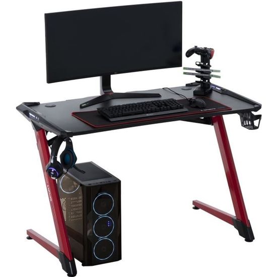 Bureau gaming RUSH avec éclairage LED, support casque et manette de jeu avec port USB, bureau pc gamer pro en métal noir et rouge