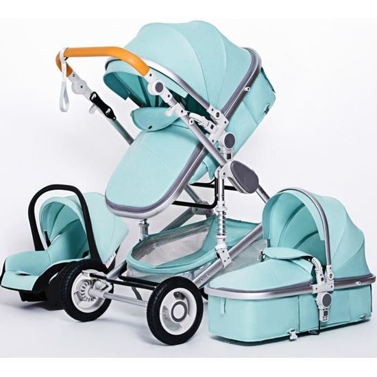 Poussette Bébé Combinée Trio Pack 3 en 1 Vert-eau Chassis Haut a Absorption de Chocs Pliable Siege Auto Réversible Roues