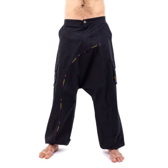 Pantalon sarouel noir à ceinture soulignée et broderies ethnique chic