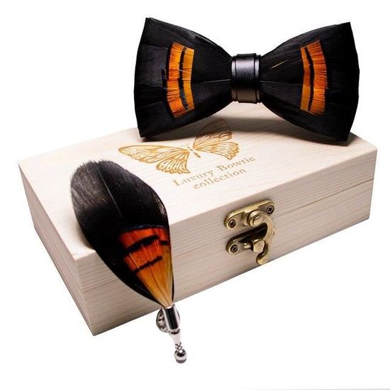 Nœud Papillon En Plumes Fait Main + Broche - JEMYGINS - Coffret Cadeau Bois - Élégant Et Unique