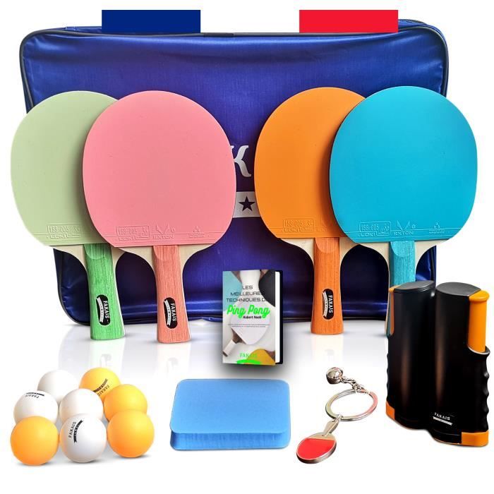 Raquettes de ping pong, 4 raquette de tennis de table professionnel, filet rétractable, 8 balles et sacoche de rangement