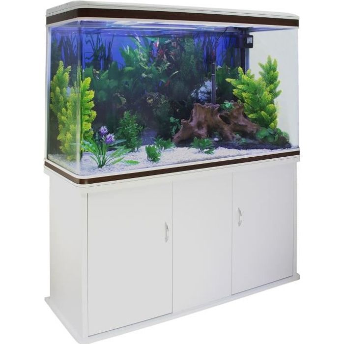 Aquarium Blanc de 300 Litres, Kits et Accessoires de Démarrage, Graviers Blanc, Meuble BLANC, 143,5cm x 120,5cm x 39 cm