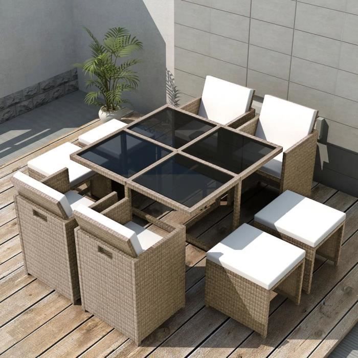 Salon de jardin encastrable avec coussins 9 pcs - Meuble de jardin Salon Bas De Jardin Rotin Beige Parfait #512087