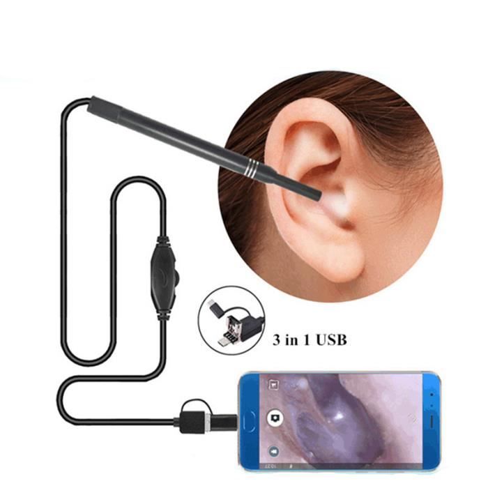 Endoscope nettoyage oreille prise 3 en 1 USB/Micro USB/Type-C camera cuillère