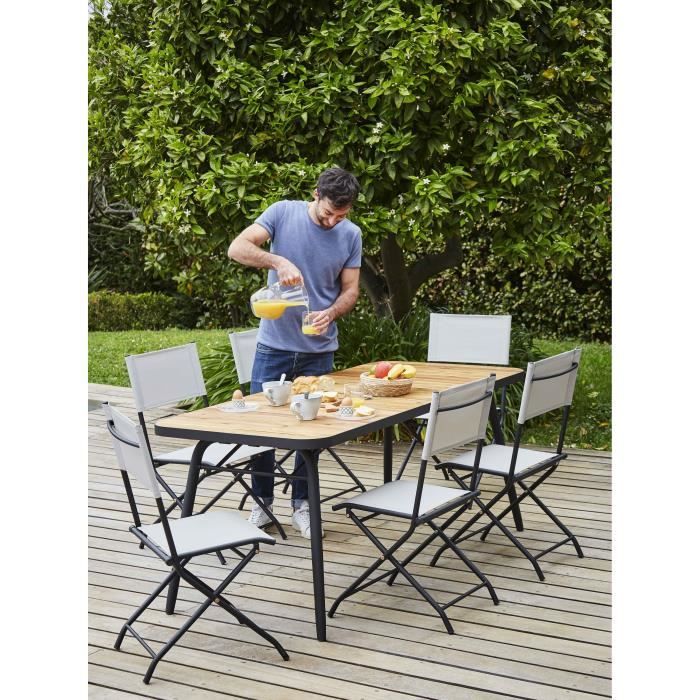 BOCARNEA Ensemble repas de jardin Babor - table pliable 176x80cm bois Acacia FSC + 6 Chaises pliables acier et textilène