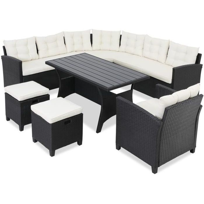 Salon de jardin lounge en polyrotin 9 personnes Canapé d'angle avec table tabouret fauteuil Mobilier de jardin extérieur