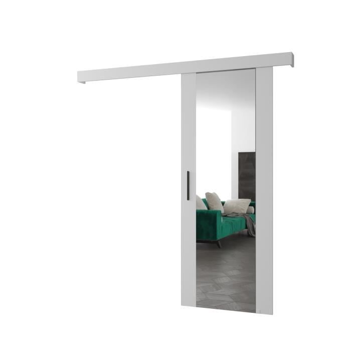 Ensemble Porte coulissante interieur avec rail AGRA II avec miroir - Blanc mat + noir mate + Poignée noir mat - 90x204cm Soft-Close