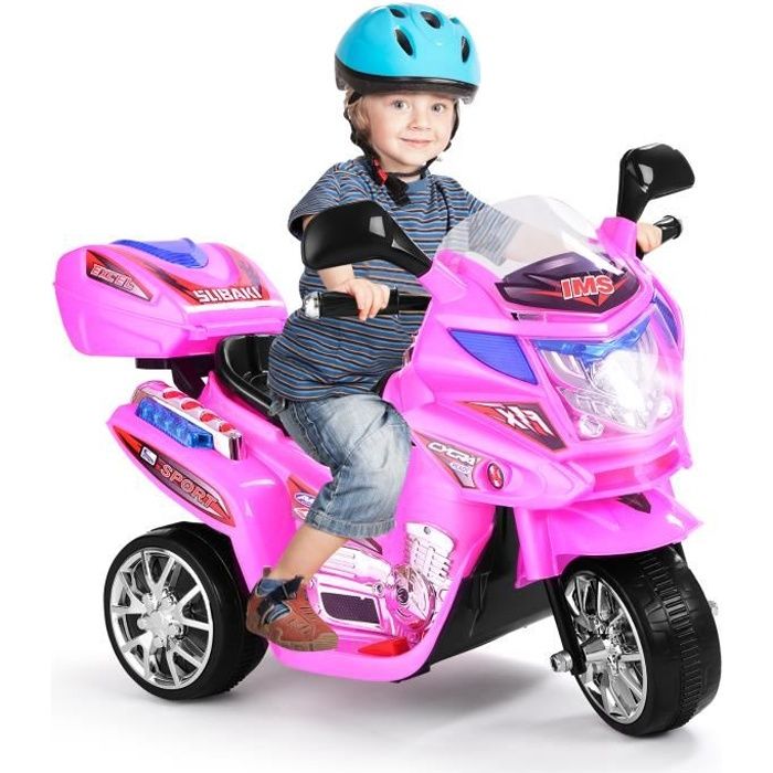 GOPLUS Moto Électrique pour Enfants 37-84 Mois à 3 Roues,Moto Scooter 6V 3 KM/h avec Effet Sonore et Lumineux, Charge 25 kg,Rose