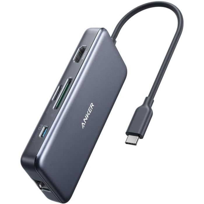 HUB USB-C 7 en 1 avec port USB-C Power Delivery 60W Passthrough,1 port Ethernet 1 Gb-s,1 HDMI 4K,2 USB 3.0 et lecteurs de cartes S
