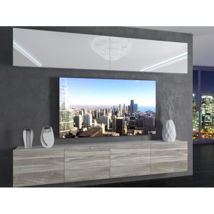 MORRIE - Ensemble meubles TV - Unité murale - Largeur 200cm - Mur TV à suspendre finition gloss - Blanc-Aspect bois