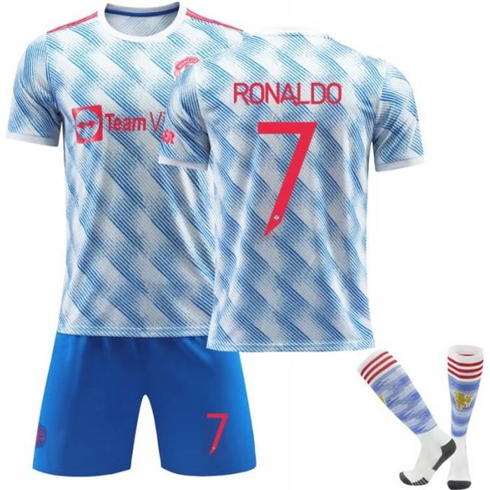 Maillot Football Junior 2021-2022 Ronaldo 7 Une Collection de Football UCL Extérieur Tenue + Chaussette Bleu pour Enfant
