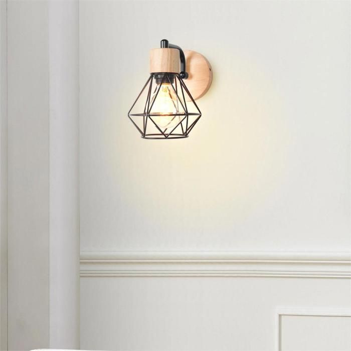 TOKIUS Applique Murale Industrielle Lampe Murale Vintage Interieur 15CM en Fer Bois Luminaire E27 Noir pour Chambre Salon Couloir