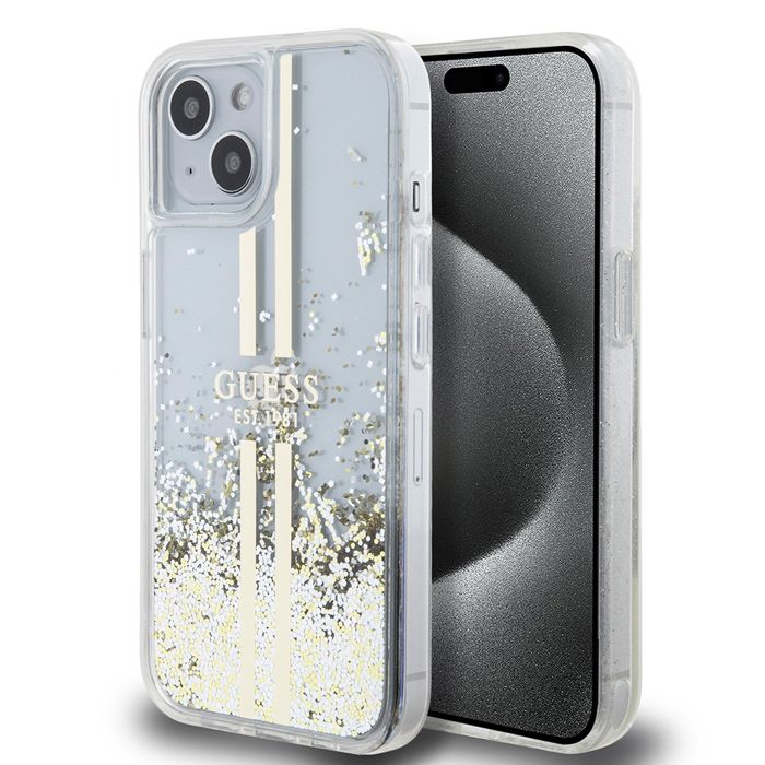 Guess Étui pour iPhone 15 Plus 6.7 transparent étui rigide Liquid Glitter Gold Stripes Gris - vue 4