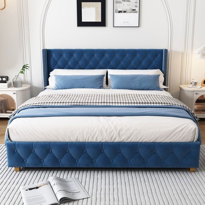 Lit Double Capitonné 160x200 Cm – Tête De Lit Matelassée En Tissu Chenille, Sommier à Lattes – Sans Matelas – Capacité 300 Kg – Couleur Beige Ou Gris