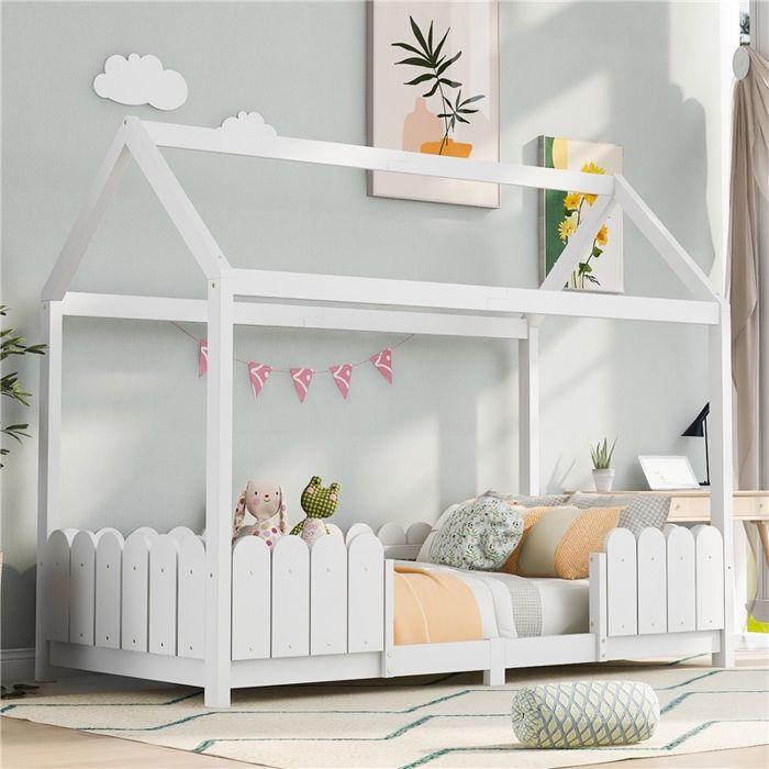 Lit Enfant 90 X 200cm Pour Garçons Et Filles - Avec Dispositif Anti - Chute Et Cadre À Lattes – Blanc(sans Matelas)