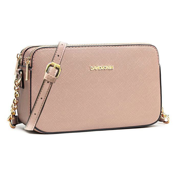 David Jones - Petit Sac Bandoulière Femme - Besace Chaînes Porté Epaule Cuir PU 3 Compartiments - Sacoche Multipoche - Rose
