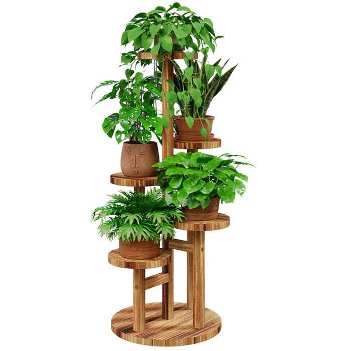 Porte Plante - BAMWORLD - 5 Niveaux - Bois et fer - Jaune - 39 x 39 x 92 cm