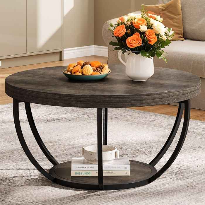 Table basse ronde 80×45 cm table centrale en bois à 2 niveaux table dappoint de salon structure en métal grain de bois gris