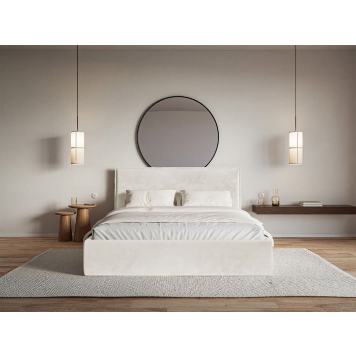 Lit tapissé - SOFTIE SLIM - 180×200 - avec coffre et sommier - velours - grège Lit tapissé - SOFTIE SLIM - 180×200 - avec coffre et sommier - velours - grège