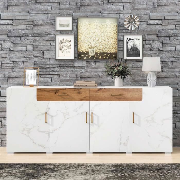 Buffet haut blanc MODERNLUXE - 4 portes 2 tiroirs aspect marbre
