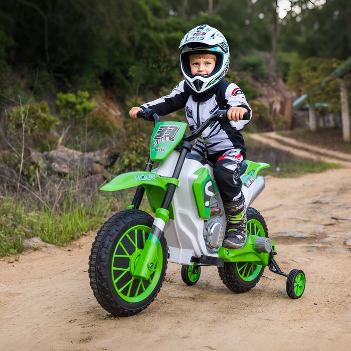 Moto Cross électrique pour Enfant 3 à 5 Ans 12 V 3-8 Km/h avec roulettes latérales Amovibles dim. 1065L x 515l x 68H cm Vert