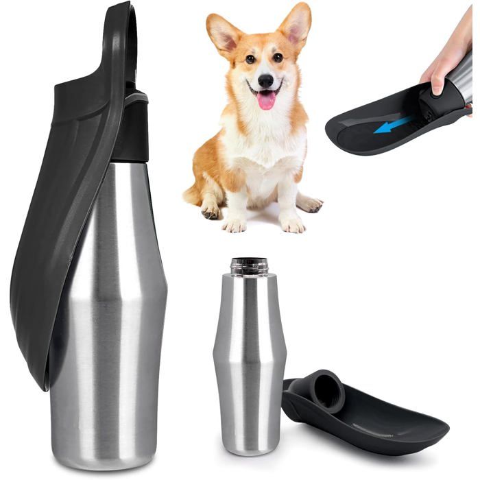 Gourde pour chien - ULISEM - 750 ml - Pliable à 180° - Portable - Acier inoxydable - Noir