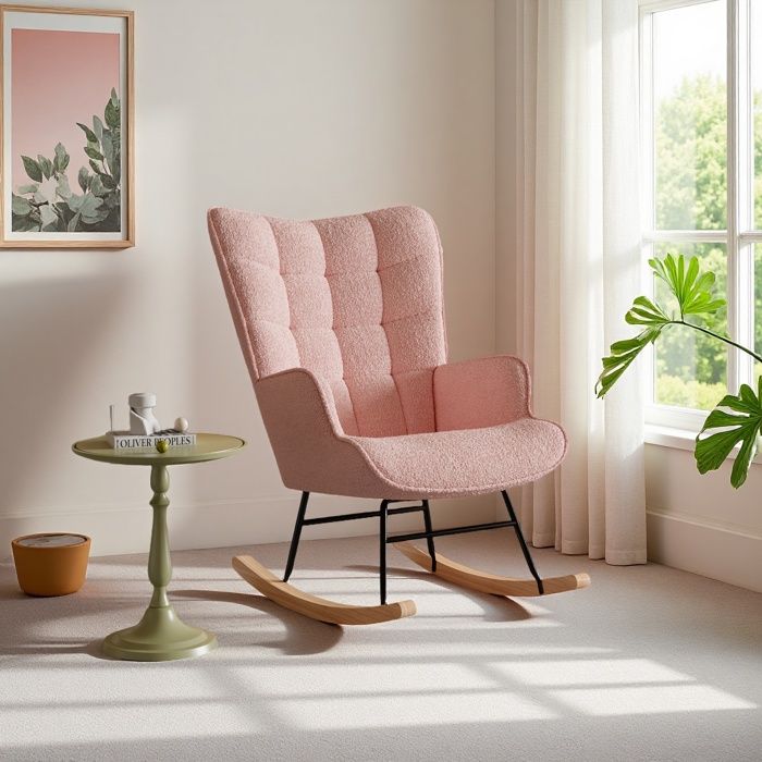 Fauteuil à Bascule Rembourré - Chaise Berçante Allaitement Bébé - Tissu Velours Teddy - Design moderne - 1 place - Rose