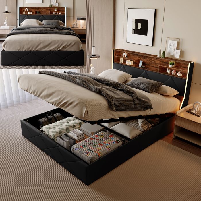 Lit Coffre 140x200cm avec LED et USB Lit adulte avec sommier à lattes Cadre de lit double avec Tête de Lit et Rangement PU