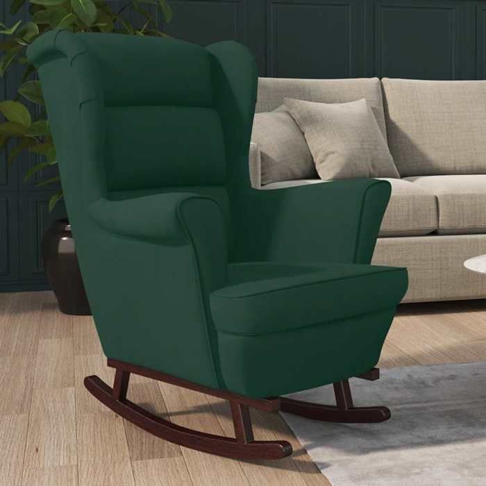 Promo 2026 Fauteuil à bascule 74x90x102 cm - rocking chair/Fauteuil de Relaxation à oreilles en velours vert foncé bois massif 266