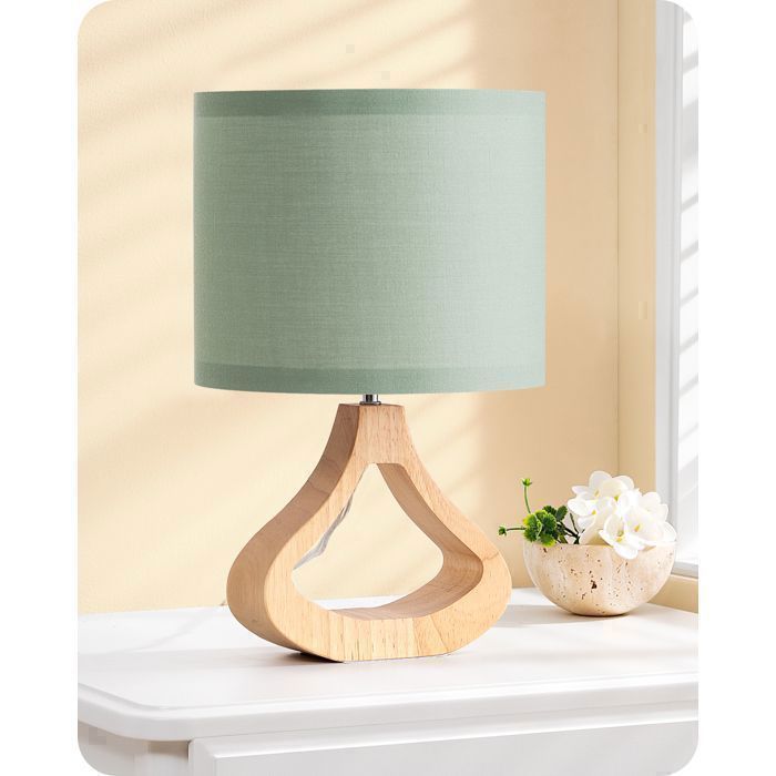 Lampes de table - EDISHINE - T24019 - Abat-jour lin vert amande - Base bois chêne clair - Ampoule LED 2700K incluse