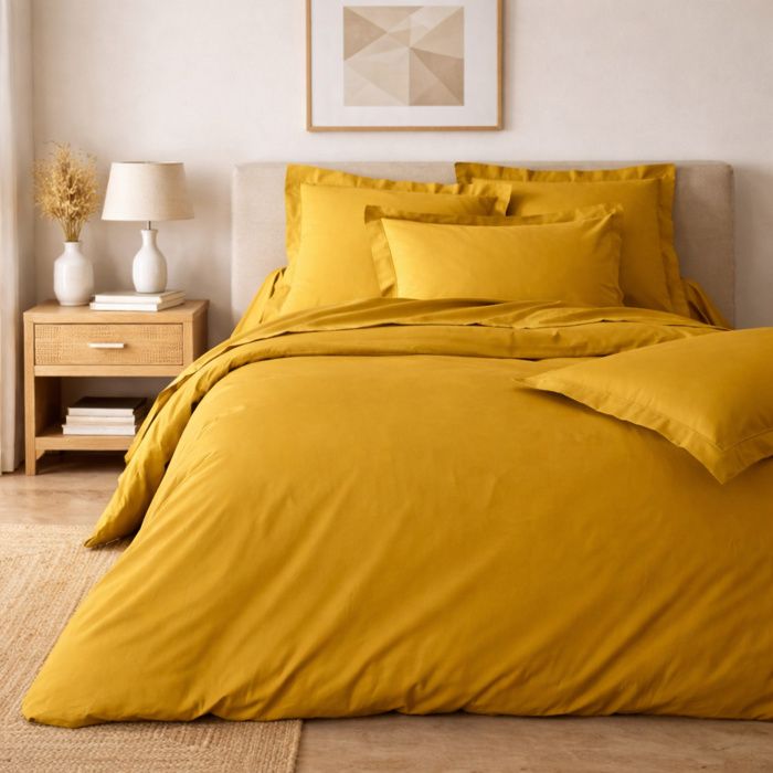 Parure de lit 240 x 220 cm – Percale de coton 78 fils – Curry – Qualité Hôtel – 2 taies 63x63 cm