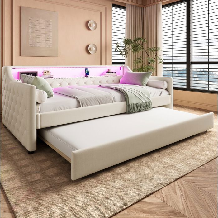 Lit enfant beige 90×200 cm avec sommier inclus lit gigogne LED USB structure solide sans matelas