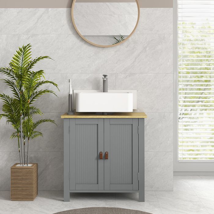 MOTHINESSTO1769-Meuble sous lavabo 2 portes étagère réglable 2 étages à lintérieure poignées en PU 60 x 30 x 60 cm gris