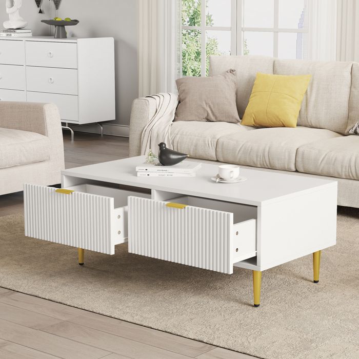 Table basse blanche moderne avec 2 tiroirs poignées et pieds dorés