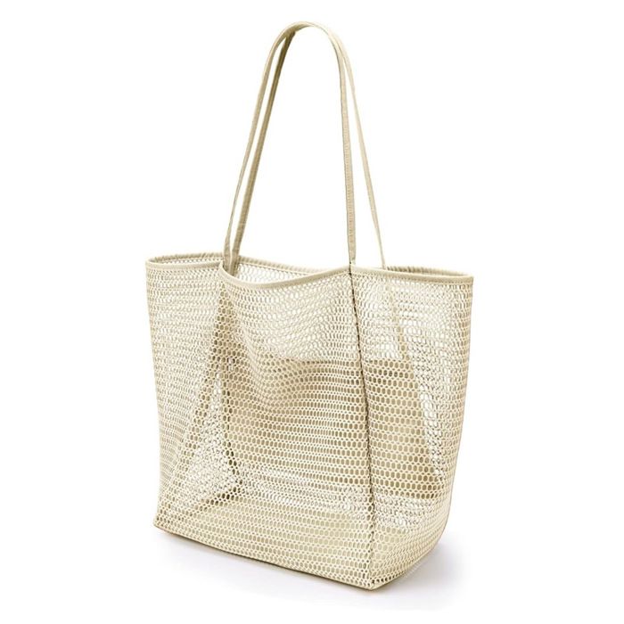 Sac de Plage Femme en Maille Transparente XJYDNCG Grande Capacité 35x16x37cm - Beige