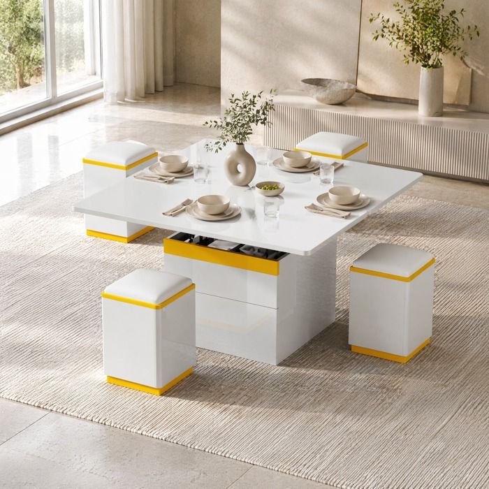 Table basse relevable pliante avec 4 tabourets de rangement - ELVMI - Blanc et jaune MDF 100 × 50 × 43 cm