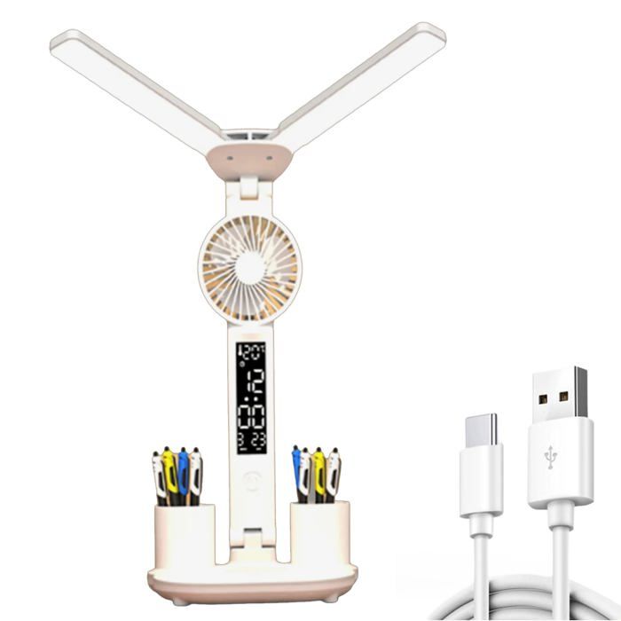 Lampe de bureau à double tête avec ventilateur horloge et porte-stylos anti-lumière bleue réglage luminosité，couleur pour étude