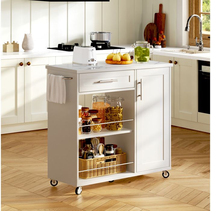 Îlot Cuisine Mobile 90x62x90 cm blanc effet marbre 1 tiroir placard étagères ouvertes roulettes