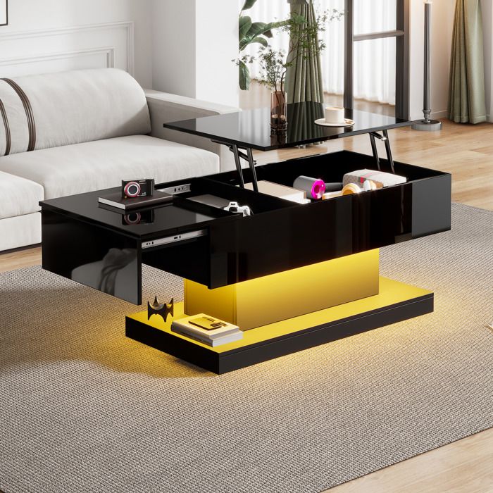 Table basse relevable LED avec rangement plateau hydraulique et finition brillant pour salon moderne noir - UVRION