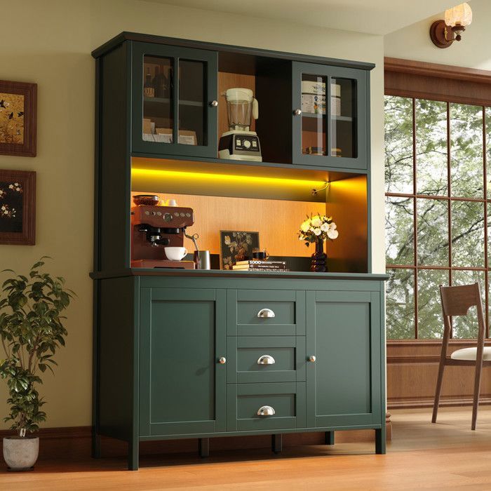 Meuble Cuisine avec éclairage LED Buffet salle a manger avec portes en verre brun Armoires haute 120x40x179 cm Vert